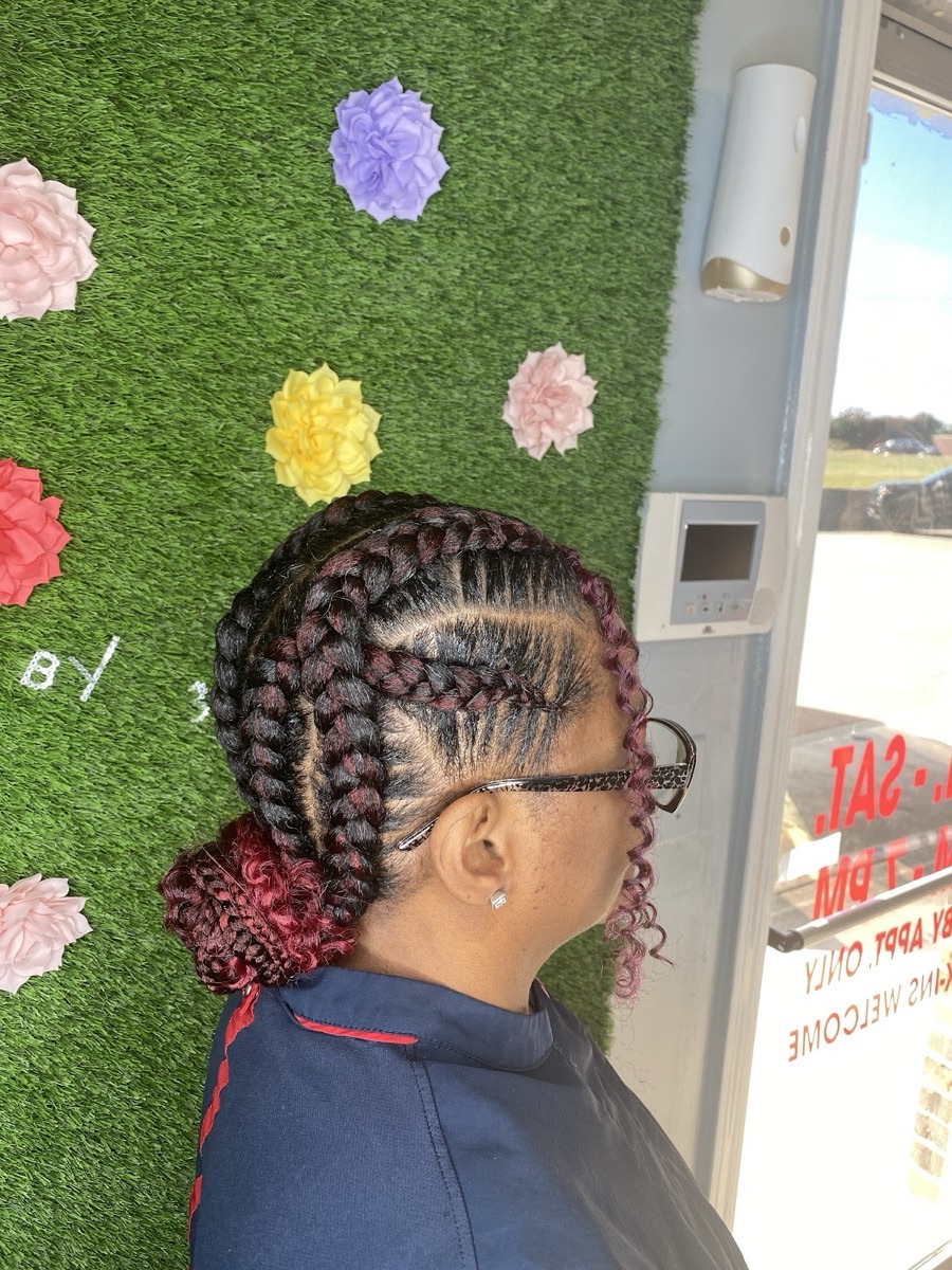 Stitch cornrows with red ombre detail at 3JJJ Hair Braiding